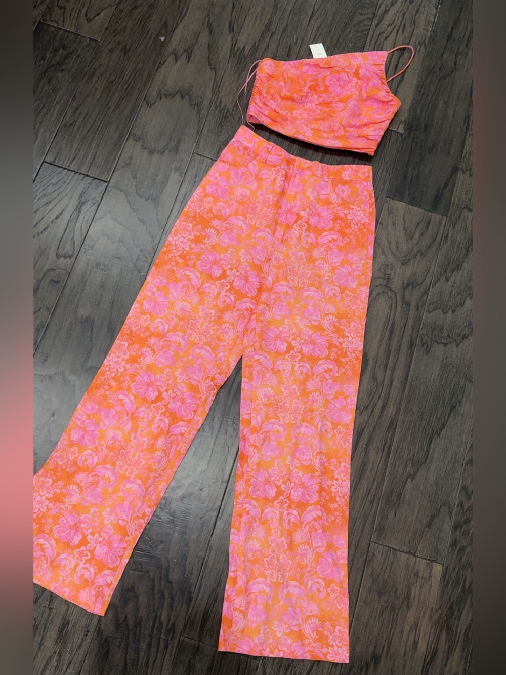 Zara Pink and Orange Floral Wide-Leg Pants with Crop Top